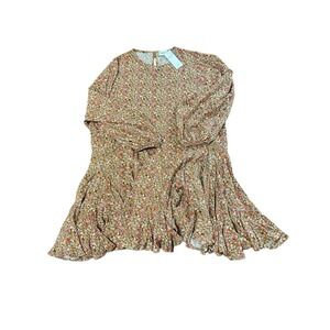 Aura Women's Large Floral Long Sleeve Ruffle Skirt Dress Boutique Rayon NWT